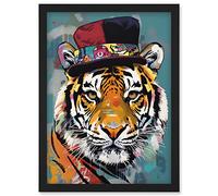 Artery8 Tiger Wearing Soft Felt Top Hat Modern Folk Art Artwork Framed Wall Art Print A4