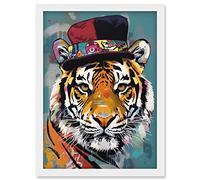 Artery8 Tiger Wearing Soft Felt Top Hat Modern Folk Art Artwork Framed Wall Art Print A4