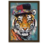 Artery8 Tiger Wearing Soft Felt Top Hat Modern Folk Art Artwork Framed Wall Art Print A4