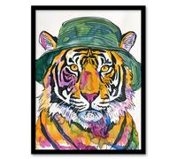 Artery8 Tiger With Bucket Hat Hip Hop Culture Fun Animal Framed Wall Art in Orange | Size: W12" x H16" Artery8 Orange W12" x H16"