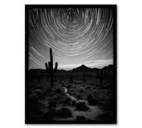 Artery8 Time Lapse Night Sky Star Trails Across The Night Sky Black White Desert Cactus Artwork Framed Wall Art Print A4