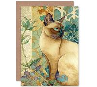 Artery8 Tonkinese Cat with Art Nouveau Botanical Patterns Colourful Watercolour Illustration Art Birthday Sealed Greeting Card Plus Envelope Blank inside