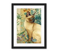 Artery8 Tonkinese Cat with Art Nouveau Botanical Patterns Colourful Watercolour Illustration Artwork Framed Wall Art Print 18X24 Inch