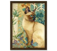 Artery8 Tonkinese Cat with Art Nouveau Botanical Patterns Colourful Watercolour Illustration Artwork Framed Wall Art Print A4