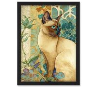 Artery8 Tonkinese Cat with Art Nouveau Botanical Patterns Colourful Watercolour Illustration Artwork Framed Wall Art Print A4