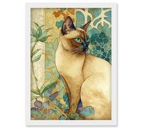 Artery8 Tonkinese Cat with Art Nouveau Botanical Patterns Colourful Watercolour Illustration Artwork Framed Wall Art Print A4