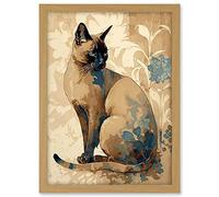 Artery8 Tonkinese Cat with Blue Flower Modern Watercolour Illustration Artwork Framed A3 Wall Art Print