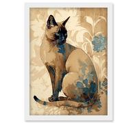 Artery8 Tonkinese Cat with Blue Flower Modern Watercolour Illustration Artwork Framed Wall Art Print A4