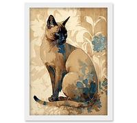 Artery8 Tonkinese Cat with Blue Flower Modern Watercolour Illustration Artwork Framed Wall Art Print A4