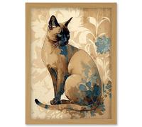 Artery8 Tonkinese Cat with Blue Flower Modern Watercolour Illustration Artwork Framed Wall Art Print A4