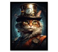 Artery8 Top Hat Magic Cat Fun Steampunk Cat Explorer Artwork Art Print Framed Poster Wall Decor in Black | Size: W12" x H16" Artery8 Black W12" x H16"
