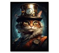 Artery8 Top Hat Magic Cat Fun Steampunk Cat Explorer Wall Art Print - A4 Size