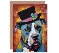 Artery8 Top Hat Pitbull Dog Lover for Him or Her Man Woman Birthday Thank You Congratulations Blank Art Greeting Card