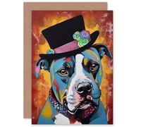 Artery8 Top Hat Pitbull Dog Lover for Him or Her Man Woman Birthday Thank You Congratulations Blank Art Greeting Card