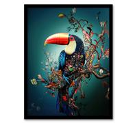Toucan Bird Flowering Tree Branch Surreal Fantasy Framed Art Print Artery8 Blue A4