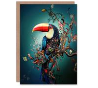 Artery8 Toucan Bird Flowering Tree Branch Surreal Fantasy Greeting Card in Blue Artery8 Blue