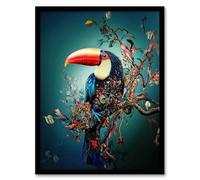Artery8 Toucan Bird Flowering Tree Branch Surreal Fantasy Living Room Artwork Framed Wall Art Print A4