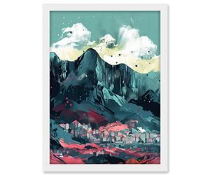 Artery8 Town Below Tall Mountain Cliffs Coral and Teal Artwork Framed A3 Wall Art Print