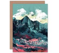 Artery8 Town Below Tall Mountain Cliffs Coral And Teal Travel Birthday Sealed Greeting Card Plus Envelope Blank inside