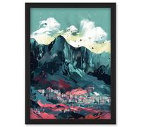 Town Below Tall Mountain Cliffs Coral and Teal Artwork Framed Wall Art Print A4 Artery8 Black One Size