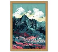 Town Below Tall Mountain Cliffs Coral and Teal Artwork Framed Wall Art Print A4 Artery8 Light Oak One Size
