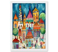 Artery8 Town Market Square Afternoon Shoppers Folk Art Watercolour Painting Artwork Framed A3 Wall Art Print