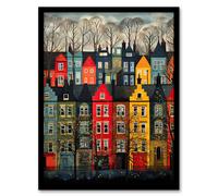Townhouse Row Bright Coloured Streets City Autumn Modern Painting Art Print Framed Poster Wall Decor Artery8 Black A4