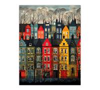 Artery8 Townhouse Row Bright Coloured Streets City Autumn Modern Painting Unframed Wall Art Print Poster Home Decor Premium | Size: W12" x H16" Artery8 Multicolor W12" x H16"