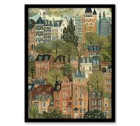 Artery8 Townhouses in Trees Cityscape Painting Framed Art Print | Size: A4 Artery8 Multicolor A4
