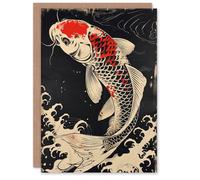 Artery8 Traditional Black Red Japanese Koi Carp Artwork Greeting Birthday Card Him Her All Blank