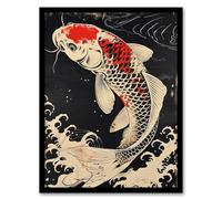 Artery8 Traditional Black Red Japanese Koi Carp Artwork Living Room Artwork Framed Wall Art Print 18X24 Inch
