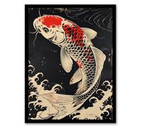 Artery8 Traditional Black Red Japanese Koi Carp Artwork Wall Art Print - A4 Size