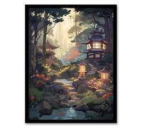 Artery8 Traditional Japanese Garden Painting Orange Pink Green Blue Stone Lanterns and Towers by Lake Spring Landscape Artwork Framed Wall Art Print 18X24 Inch