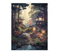 Artery8 Traditional Japanese Garden Painting Orange Pink Green Blue Stone Lanterns and Towers by Lake Spring Landscape Large Wall Art Poster Print Thick Paper 18X24 Inch