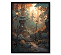 Artery8 Traditional Japanese Garden Painting Path with Stone Lanterns Orange Green Pastel Colour Autumn Sunset Landscape Artwork Framed Wall Art Print 18X24 Inch