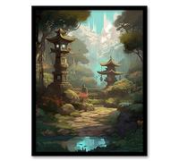 Artery8 Traditional Japanese Garden Painting with Towers and Stone Lanterns Bright Lake Spring Landscape Artwork Framed Wall Art Print 18X24 Inch