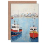 Artery8 Trailer Trawler Boats in Harbour for Him or Her Man Woman Birthday Thank You Get Well Soon Blank Art Greeting Card