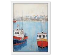 Artery8 Trailer Trawler Boats in Harbour Oil Painting Red Blue Abstract Coastal Town Bathroom Artwork Framed A3 Wall Art Print