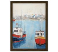 Artery8 Trailer Trawler Boats in Harbour Oil Painting Red Blue Abstract Coastal Town Bathroom Artwork Framed A3 Wall Art Print