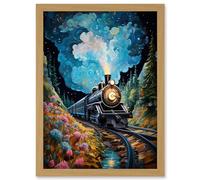 Wall Art Print Train Ride to Imagination Land Conceptual Art Oil Painting Dream Journey Railroad Artwork Framed A4 Artery8 Light Oak A4