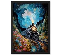 Wall Art Print Train Ride to Imagination Land Conceptual Art Oil Painting Dream Journey Railroad Artwork Framed A4 Artery8 Black A4