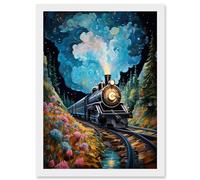 Wall Art Print Train Ride to Imagination Land Conceptual Art Oil Painting Dream Journey Railroad Artwork Framed A4 Artery8 White A4