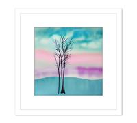 Artery8 Tranquil Lone Tree in a Teal Pink Pastel Landscape Watercolour Painting Square Wooden Framed Wall Art Print Picture 8X8 Inch in White Artery8 White
