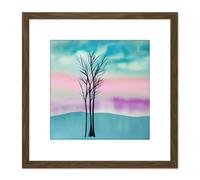 Artery8 Tranquil Lone Tree in a Teal Pink Pastel Landscape Watercolour Painting Square Wooden Framed Wall Art Print Picture 8X8 Inch in Brown Artery8 Brown