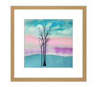 Artery8 Tranquil Lone Tree in a Teal Pink Pastel Landscape Watercolour Painting Square Wooden Framed Wall Art Print Picture 8X8 Inch in Light Oak Artery8 Light Oak
