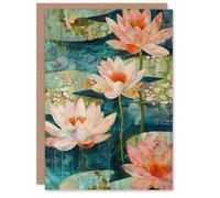 Artery8 Tranquil Pink Water Lilies on Calm Pond Artwork Greeting Birthday Card Him Her All Blank