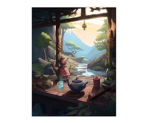 Artery8 Tranquil Tea Ceremony in Nature Painting Japanese Hospitality Traditional Customs at Sunrise in Forest River Landscape Extra Large XL Wall Art Poster Print