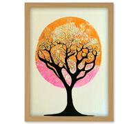 Artery8 Tranquil Tree Silhouette Abstract Illustration Enchanted Linocut Artwork Framed Wall Art Print A4 in Light Oak Artery8 Light Oak