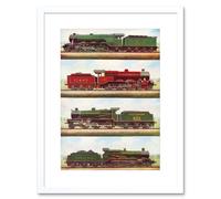 Artery8 Transport Red Green Four Train Engine Locomotives Vintage Illustration Artwork Framed Wall Art Print 12X16 Inch in White Artery8 White