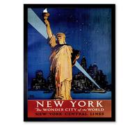 Artery8 Travel New York Statue Liberty Manhattan Railway USA Framed Art Print in Blue | Size: W12" x H16" Artery8 Blue W12" x H16"